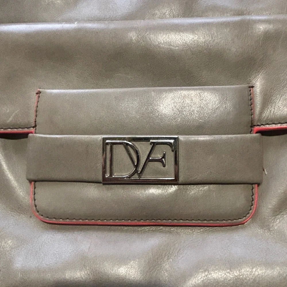 DVF Diane von Furstenberg Gray Taupe Leather Large Tote Red Trim Silver Hardware